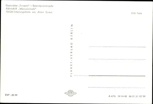 Ak Warnemünde Rostock, Teepott, Strandpromenade, FDGB Erholungsheim am Alten Strom, Fährschiff