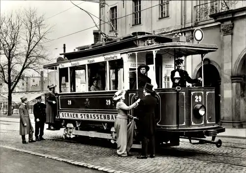 Ak Gera in Thüringen, 75 Jahre Geraer Straßenbahn, Historischer Triebwagen Nr. 29, Baujahr 1905