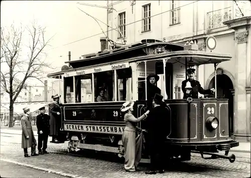 Ak Gera in Thüringen, 75 Jahre Geraer Straßenbahn, Historischer Triebwagen Nr. 29, Baujahr 1905