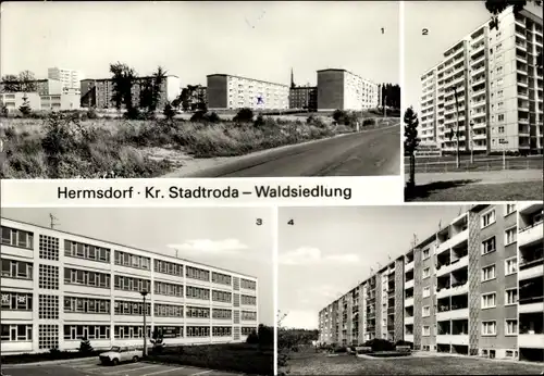 Ak Hermsdorf Thüringen, Waldsiedlung, Hochhaus Hermann Danz Str., Polytechnische Oberschule, Stadion