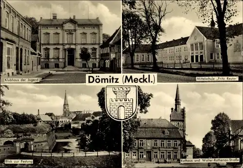 Ak Dömitz an der Elbe Mecklenburg, Klubhaus der Jugend, Mittelschule Fritz Reuter, Festung, Rathaus
