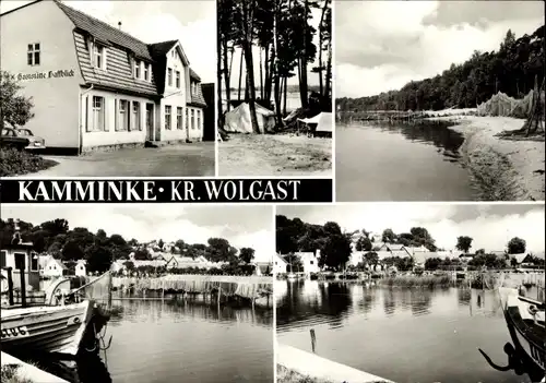 Ak Kamminke auf Usedom, Gaststätte Haffblick, Hafen, Fischerboote, Zeltplatz