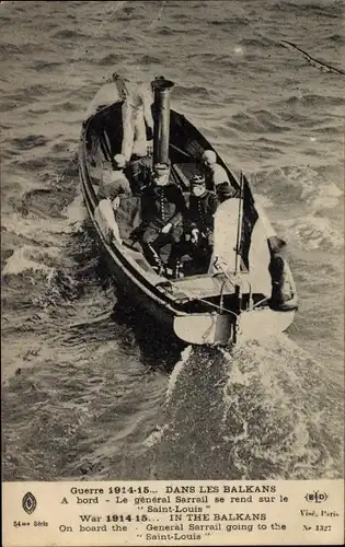 Ak Balkan, Krieg 1914-15, französischer General Sarrail, Boot zum Schiff St. Louis