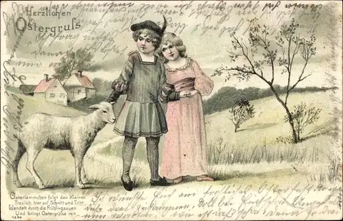 Litho Glückwunsch Ostern, Kinder mit Osterlamm