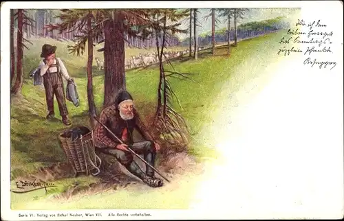 Künstler Ak Döcker, E., HIrtenjunge, Schafherde, Alter Mann mit Kiepe, Rosegger