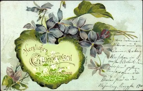 Litho Glückwunsch Geburtstag, Veilchenblüten