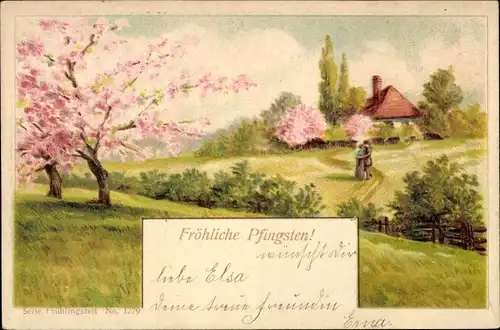 Litho Glückwunsch Pfingsten, Frühlingslandschaft, Baumblüte