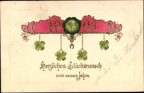 Präge Litho Glückwunsch Neujahr, Jahreszahl 1903, Kleeblätter