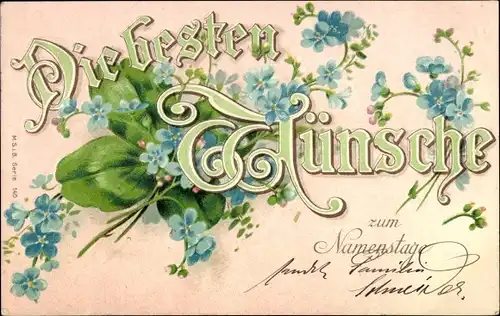 Präge Litho Glückwunsch Namenstag, Kleeblatt, Vergissmeinnicht