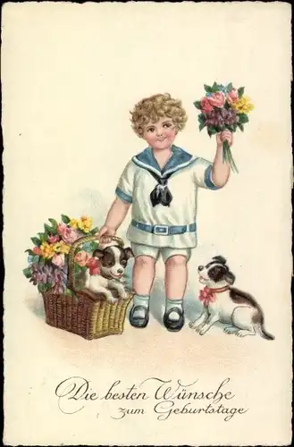 Ak Glückwunsch Geburtstag, Junge im Matrosenanzug mit Blumen, Hunde