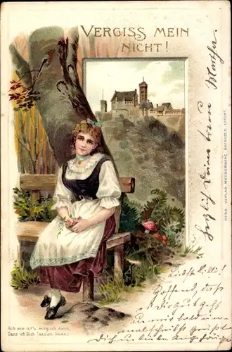 Präge Litho Vergiss mein nicht, Frau auf einer Bank sitzend, Wartburg