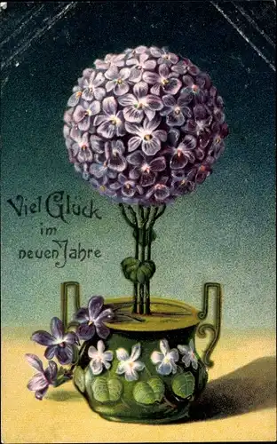 Präge Litho Glückwunsch Neujahr, Blumenvase mit Veilchen