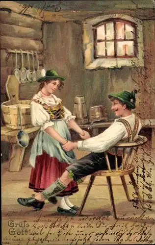 Präge Ak Liebespaar in bayrischer Tracht, In der Bauernstube, Grüß Gott