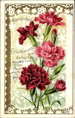 Präge Litho Glückwunsch Geburtstag, Nelkenblüten