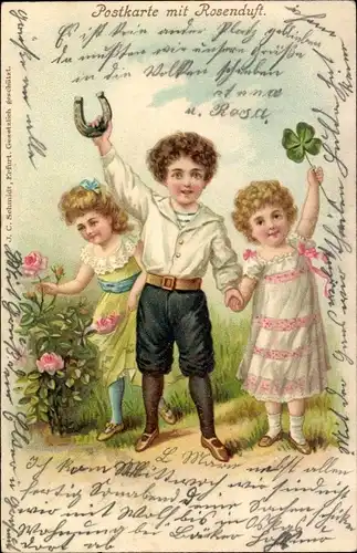 Litho Postkarte mit Rosenduft, Kinder, Kleeblatt, Hufeisen
