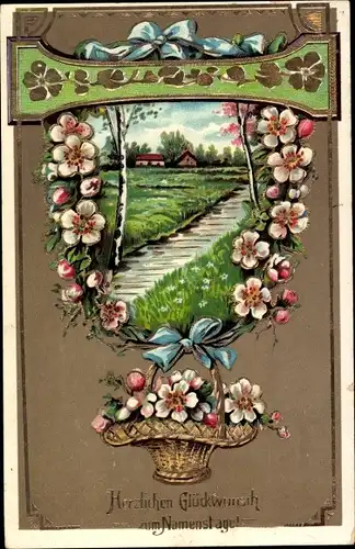 Präge Ak Glückwunsch Namenstag, Landschaft mit Bachlauf, Blüten