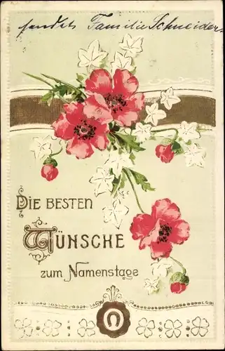 Präge Litho Glückwunsch Namenstag, Mohnblüten, Hufeisen, Kleeblätter