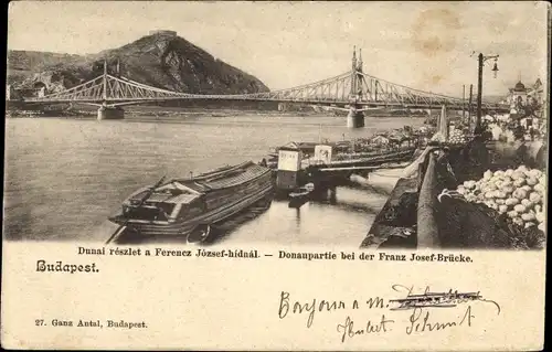 Ak Budapest Ungarn, Franz Josef Brücke, Donau, Dampfer