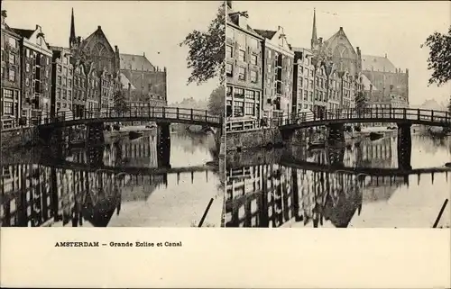 Stereo Ak Amsterdam Nordholland Niederlande, Große Kirche, Kanal