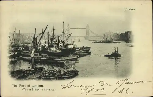 Ak London City England, The Pool of London, Tower bridge in distance