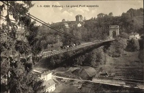 Ak Freiburg Freiburg Stadt Schweiz, Die Große Hängebrücke, Hängebrücke