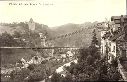 Ak Fribourg Kt. Freiburg Schweiz, Die Hängebrücken, Hängebrücke