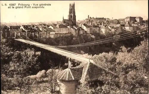 Ak Freiburg Stadt Freiburg Schweiz, Gesamtansicht und die große Hängebrücke