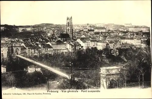 Ak Freiburg Stadt Freiburg Schweiz, Gesamtansicht und die große Hängebrücke
