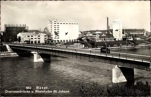 Ak Basel Bâle Stadt Schweiz, Dreirosenbrücke, Rheinhafen St. Johann