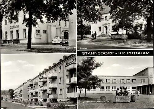 Ak Stahnsdorf in Brandenburg, Postamt, Rathaus, Neubausiedlung, Tagesoberschule Heinrich Zille