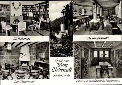 Ak Bad Liebenzell im Schwarzwald, Kaminsaal, Bibliothek, Burgschenke, Knappenhaus, Wohnraum