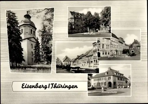 Ak Eisenberg in Thüringen, Schlosspark, Geraer Straße, Kreissparkasse, Marktplatz