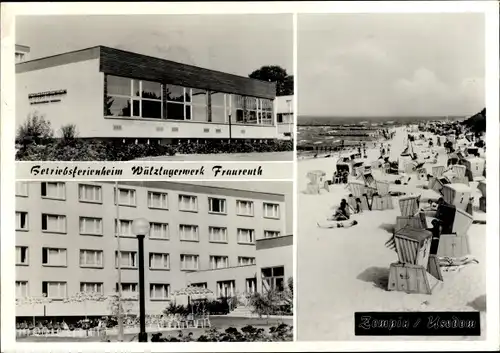 Ak Ostseebad Zempin auf Usedom, Betriebsferienheim Wälzlagerwerk Fraureuth, Strand, Strandkörbe