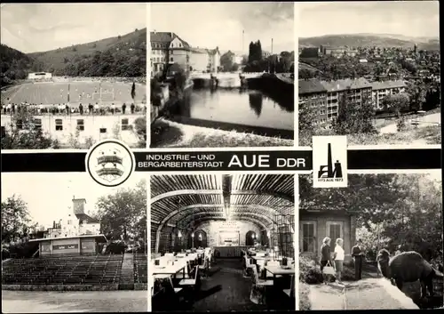 Ak Aue im Erzgebirge Sachsen, Otto-Grotewohl-Stadion, Muldenbrücke, Parkwarte, St. Urban-Stollen