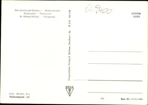 Ak Aue im Erzgebirge Sachsen, Otto-Grotewohl-Stadion, Muldenbrücke, Parkwarte, St. Urban-Stollen