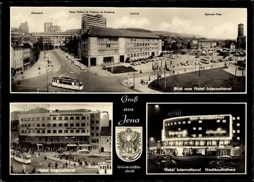 Ak Jena in Thüringen, Wappen, Hotel International Nachtaufnahme, Zeisswerk
