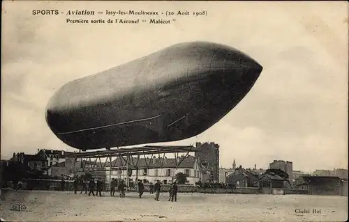 Ak Issy les Moulineaux, Erstflug der Aeronef Malecot, 1908