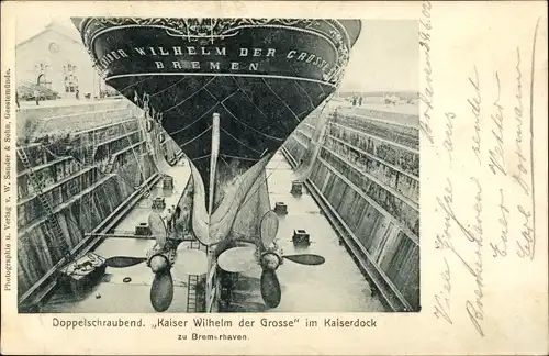 Ak Doppelschraubendampfer Kaiser Wilhelm der Große, NDL, Kaiserdock Bremerhaven