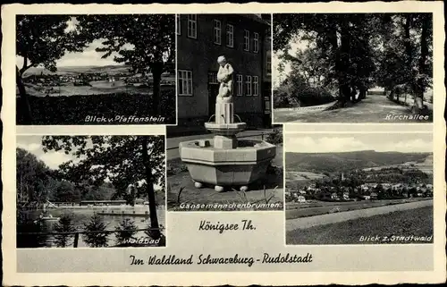 Ak Königsee Rottenbach in Thüringen, Blick vom Pfaffenstein, Waldbad, Gänsemännchenbrunnen