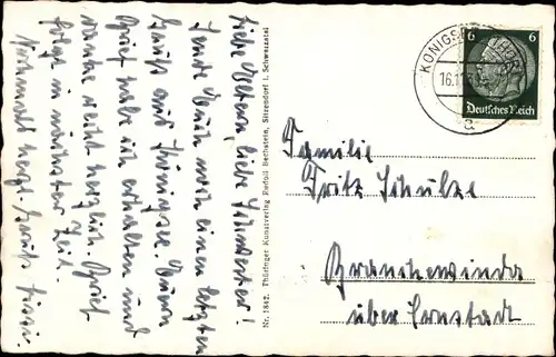 Ak Königsee Rottenbach in Thüringen, Blick vom Pfaffenstein, Waldbad, Gänsemännchenbrunnen