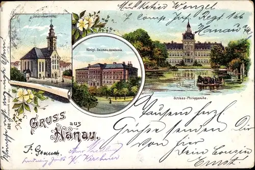 Litho Hanau im Main Kinzig Kreis Hessen, Königliche Zeichen Akademie, Johanneskirche, Schloss