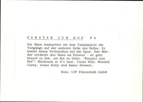 Pressefoto Filmszene, Das Fenster zum Hof, Raymond Burr, Grace Kelly