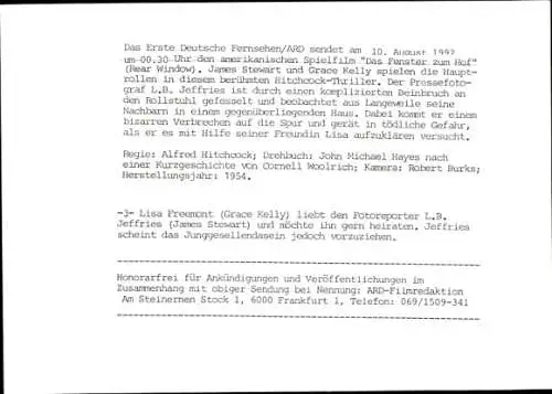 Pressefoto Filmszene, das Fenster zum Hof, Grace Kelly, James Stewart