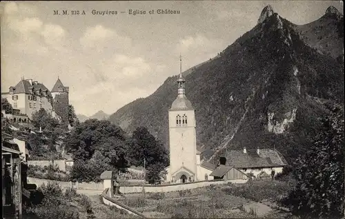 Ak Gruyères Kanton Freiburg Schweiz, Eglise et Chateau, Kirche, Burg