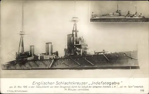 Ak Britisches Kriegsschiff, HMS Indefatigable, Schlachtkreuzer, Royal Navy