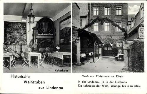 Ak Rüdesheim am Rhein, Historische Weinstuben zur Lindenau, Kelterhaus