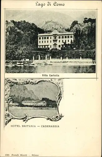 Ak Cadenabbia Lago di Como Lombardia Italien, Villa Carlotta, Hotel Britania