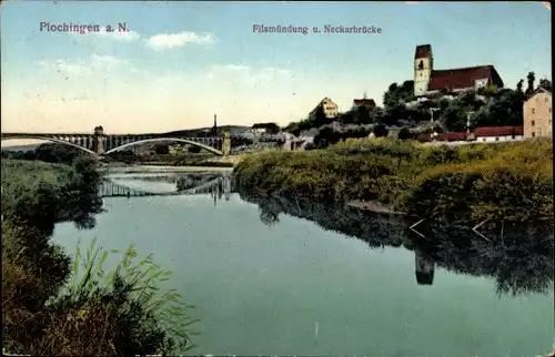 Ak Plochingen im Kreis Esslinge, Filsmündung und Neckarbrücke