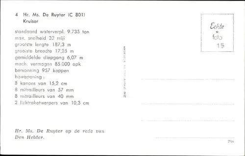 Ak Niederländisches Kriegsschiff, Hr. Ms. De Ruyter, C801, Kreuzer