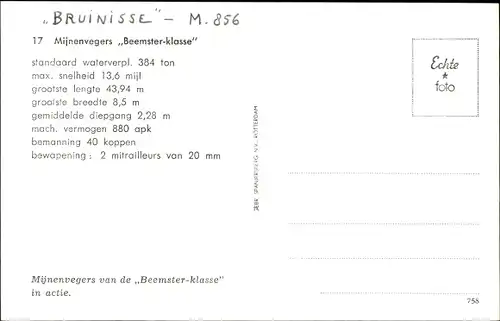 Ak Niederländisches Kriegsschiff, Bruinisse, M 856, Mijnenvegers Beemster Klasse